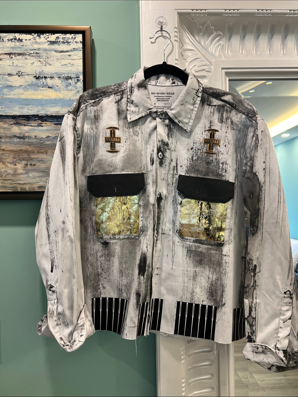 No-Voir-Wear Distressed Art Shirt with Gold Accents